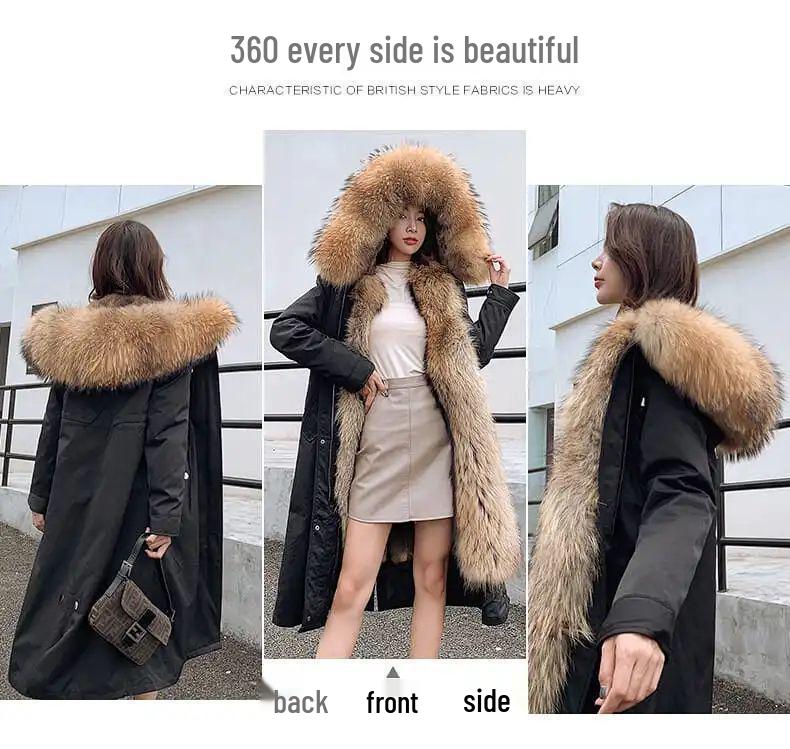 Women's Mid-Length Cotton Coat with Removable Faux Raccoon Fur Liner - Thickened, Plus Size