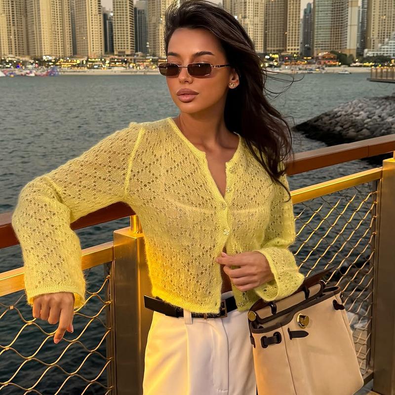 2026 Spring See Through Sweater Women Knit Cardigan Coats Sexy Hollow Out Single Breasted Cardigan Streetwear Y2K Knitted Tops