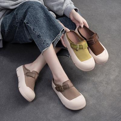 Thick Sole Round Toe Casual Candy Color Slippers Genuine Leather Soft Sole Women's Shoes