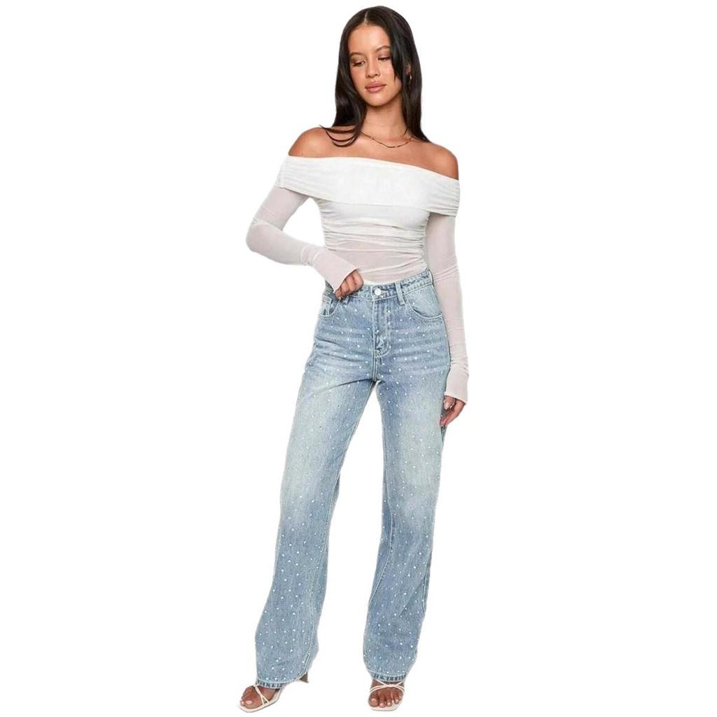 SHEIN Übergröße Strass High-Waist Weitbein Denimhose