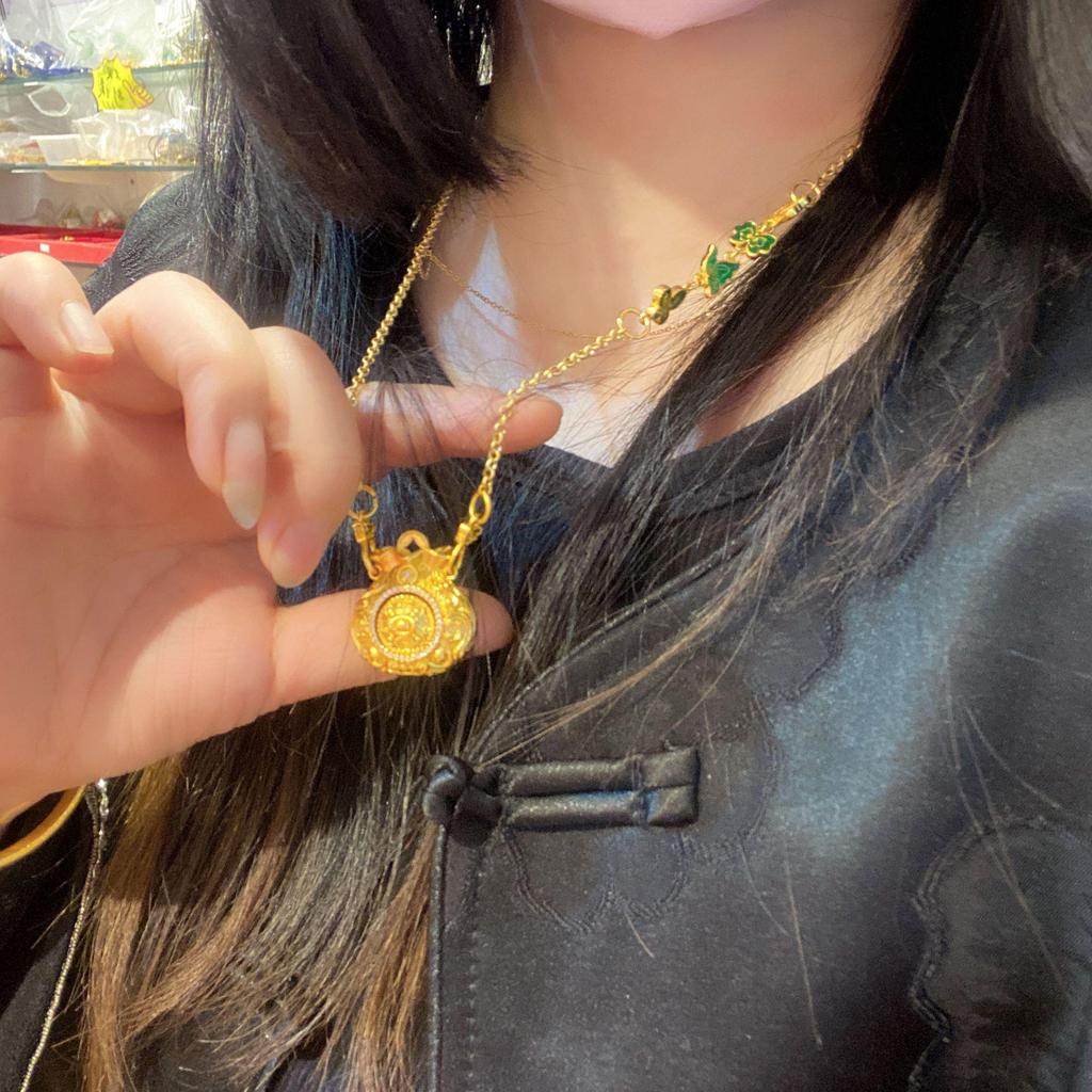Sand Gold Rotatable Coin Pendant Necklace with Diamond Inlay - Chinese Style Money Bag Sweater Chain for Women
