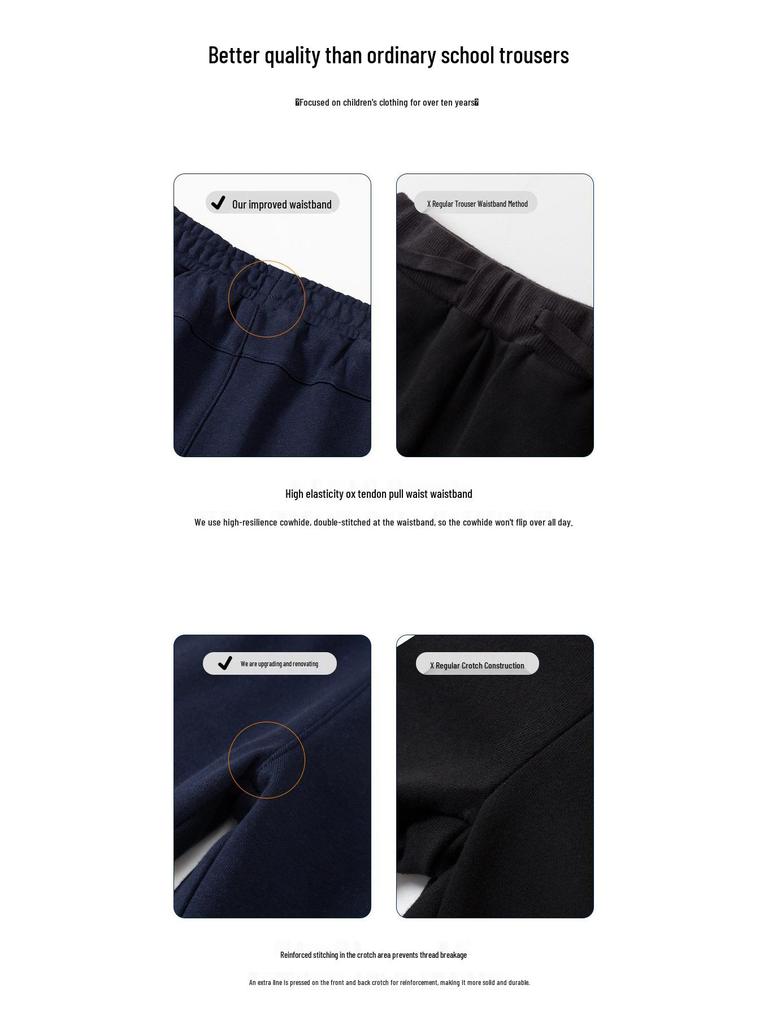 Kids' Navy Blue Sports Pants with Plush Lining, Autumn-Winter School Uniform, Loose Fit, Straight Leg for Boys and Girls