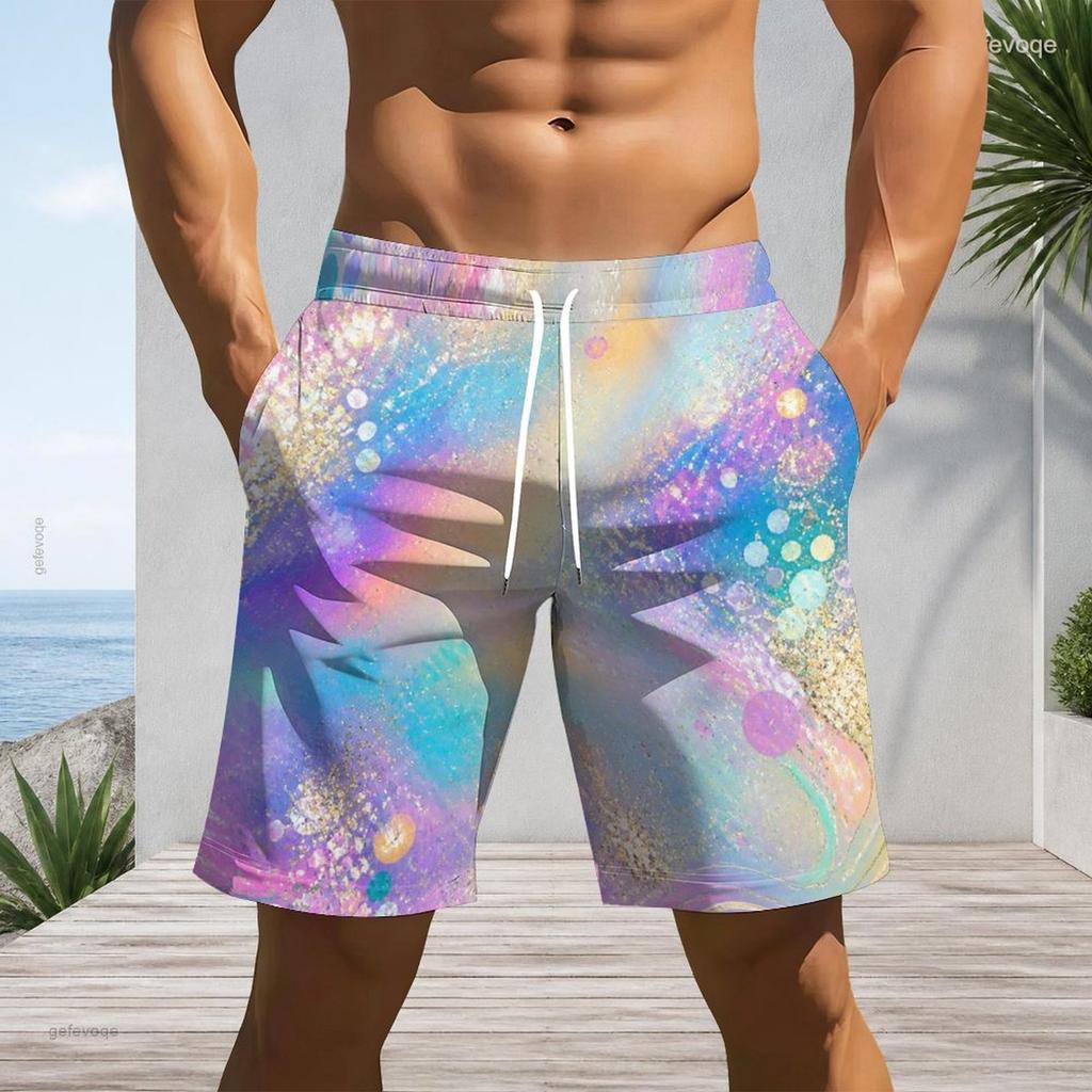 Men Plus Size Colorful Glitter Printed Beach Shorts Drawstring Waist Straight Leg With Side Pockets