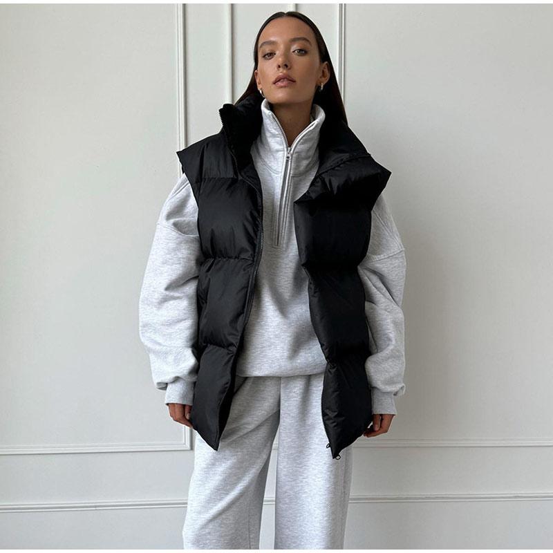 Autumn Winter Sleeveless Jacket Women Fashion Loose Thick Vest Solid Color Casual Sport Cotton Jacket Stand Collar Coat Warm Female Waistcoat