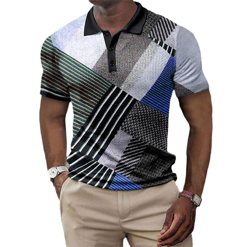Geometric Grid and Stripe Splicing 3D Digital Printing Men's Comfortable Polo Shirt
