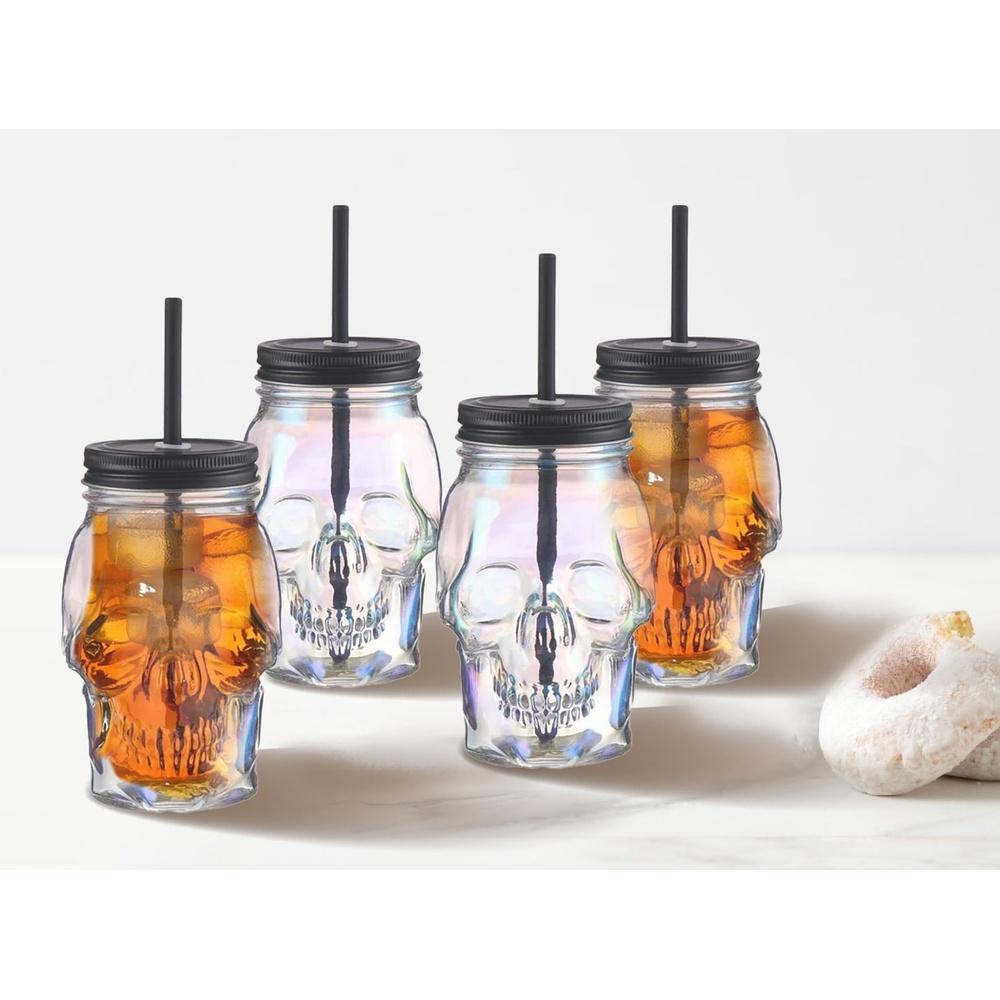 Iridescent Skull Glass Cups 4 Pack Unique Drinkware Smoothies Cocktails Shakes Juices Fun Gift Idea