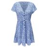 Fashion Women V Neck Button Floral Dress Short Sleeve Loose Casual Dress