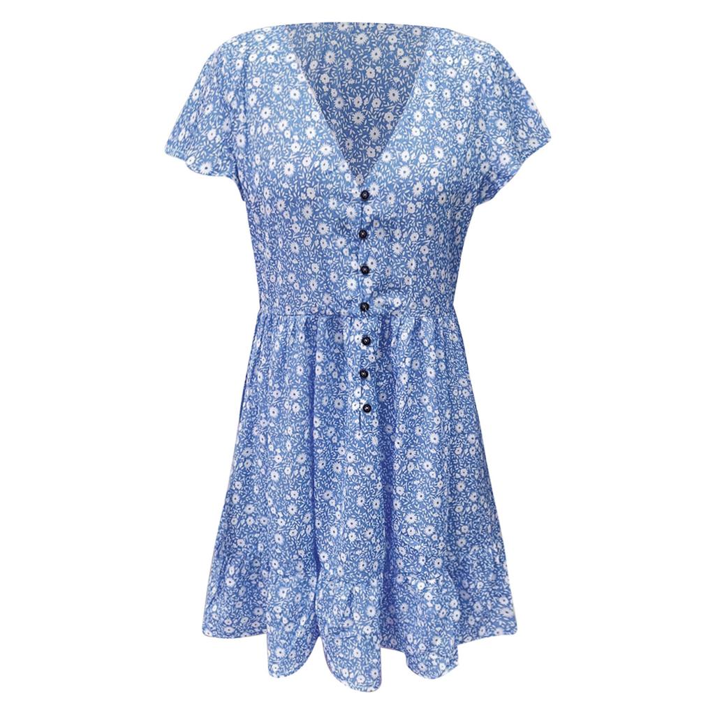 Fashion Women V Neck Button Floral Dress Short Sleeve Loose Casual Dress