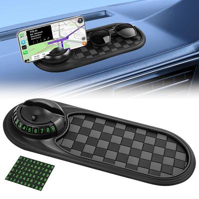 Car Dashboard Anti-Slip Mat with Temporary Parking Number Multifunction with Phone Mount 360-Degree Rotation Car Phone Holder
