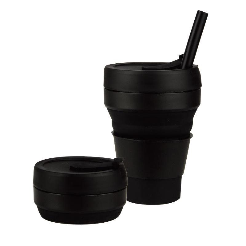 Silikonový skládací kávový hrnek, stlačitelný kelímek na vodu, kapesní hrnek, zatahovací, jednobarevná láhev na vodu se slámkou, 350 ml