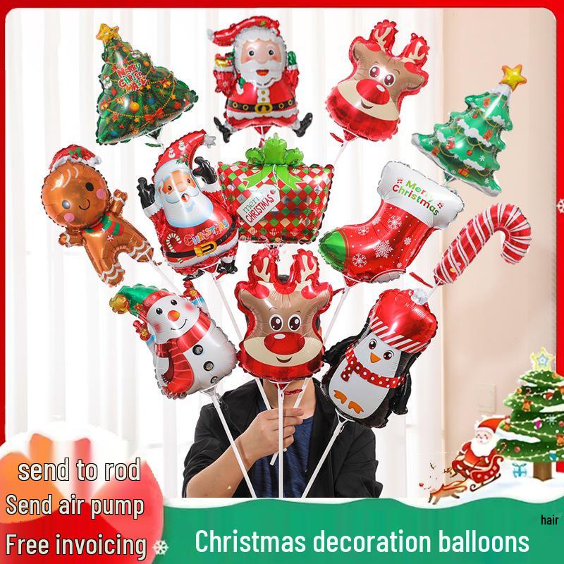 Santa Claus Christmas Decoration Balloons with Sticks and Small Gift Headbands for Kindergarten and Mall Scenes