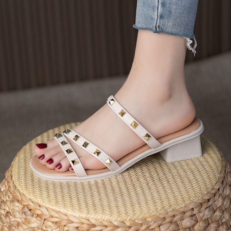 Sandals thick high heels women's shoes summer seaside 2025 rivets one-word outer wear fashion women's middle heel