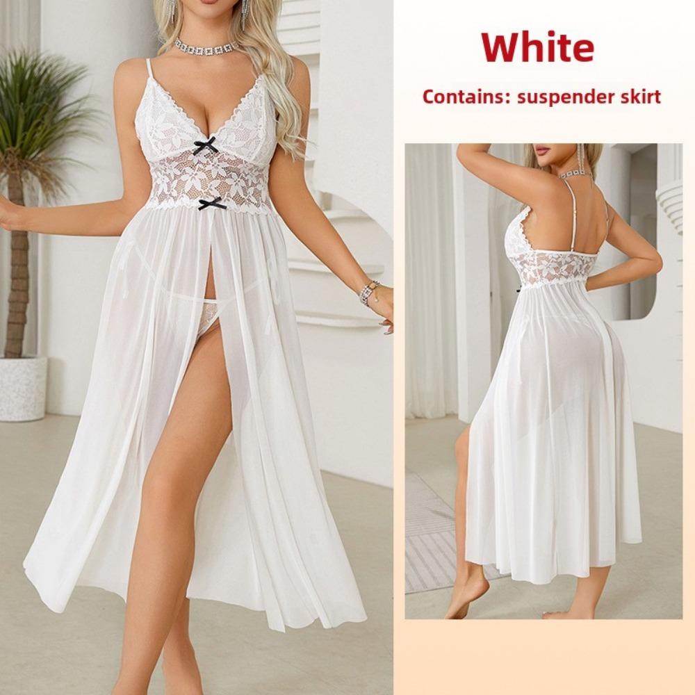 Large Size Erotic Underwear Sexy Mesh Lace Pajamas Split Suspender Skirt Long Loungewear