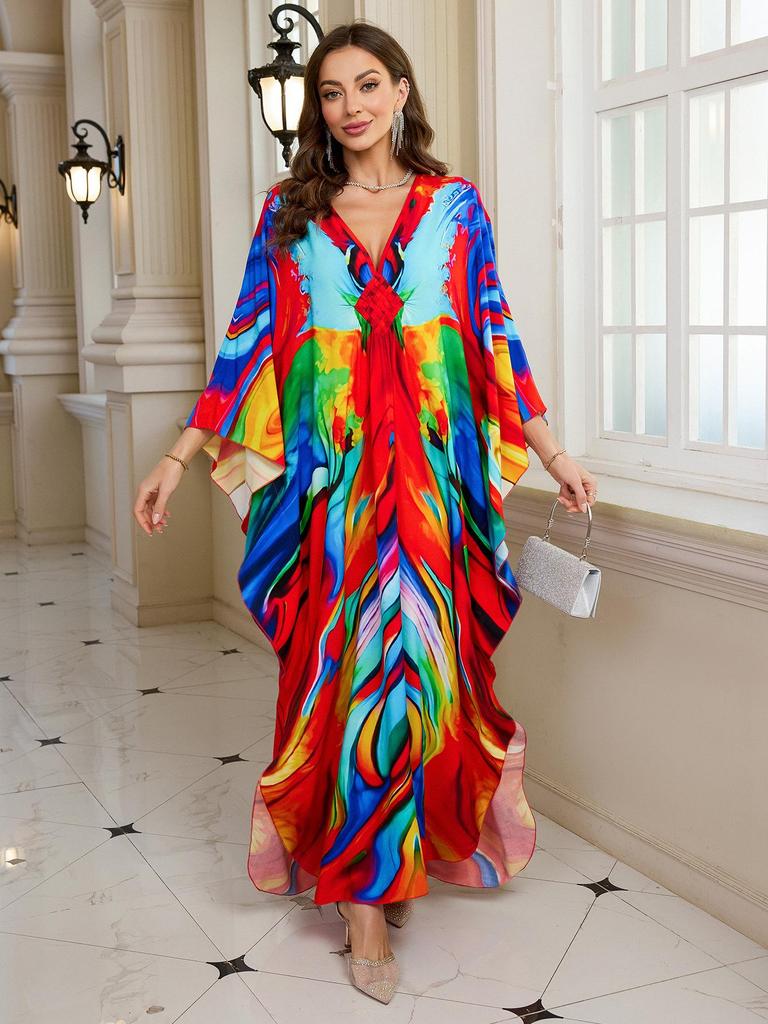 2025 European & American Cotton Printed Beach Dress Women's Long Loose Cover-Up with Sun Protection