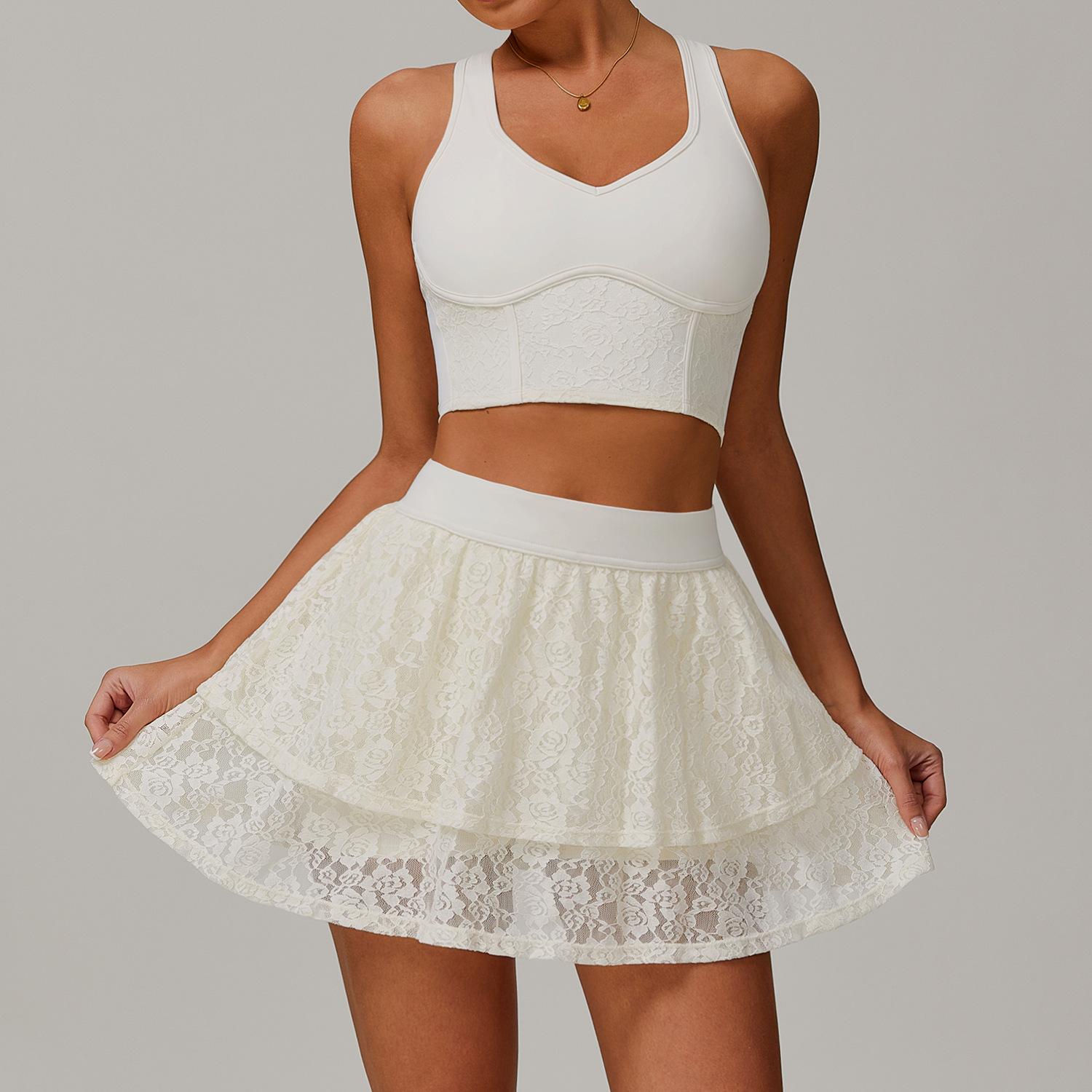 

Новый кружевной нюдовый комплект для йоги с дышащей сеткой для бега и юбкой для тенниса с защитой от бликов, спортивный комплект из двух предметов для женщин XL