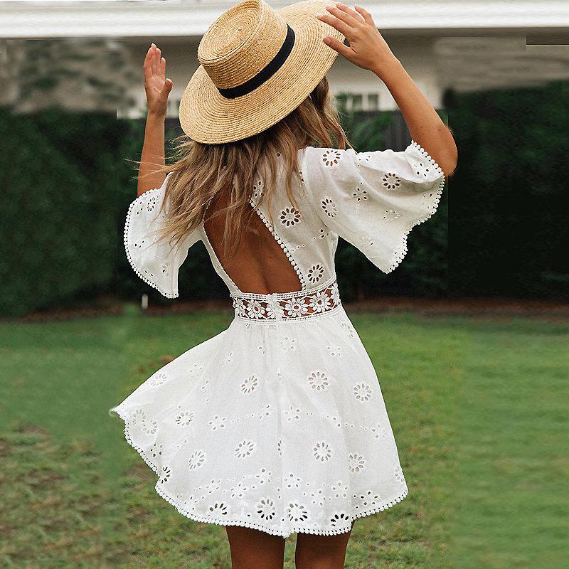 Women's Round Neck Half Sleeve Hollow Out A-Line Casual Mini Dress