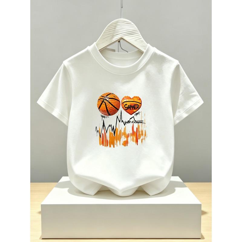 European sizes Creative Building Block Basketball Heart Print Kids' T-Shirt, Crew Neck,  Simple Fashion, Boys' Top, Soft, Breathable, Skin-Friendly
