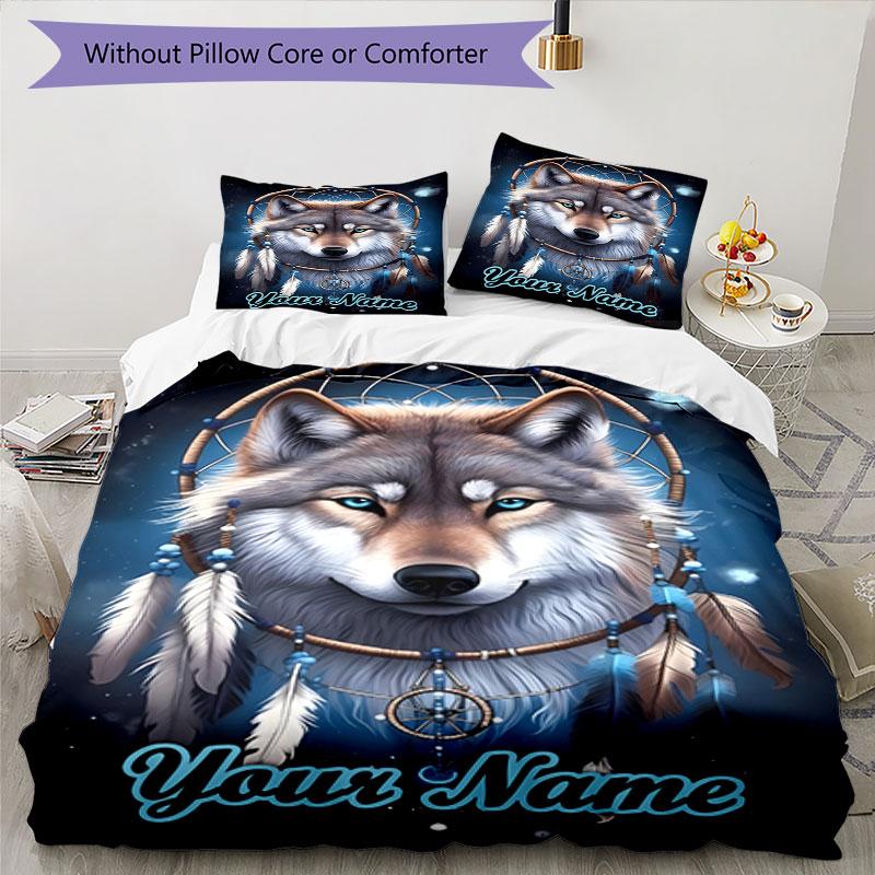 3PC Custom Name Wolf Dreamcatcher Spirit Bedding Set Duvet Cover Closure Includes 1 Duvet Cover & 2 Pillowcases for Bedroom