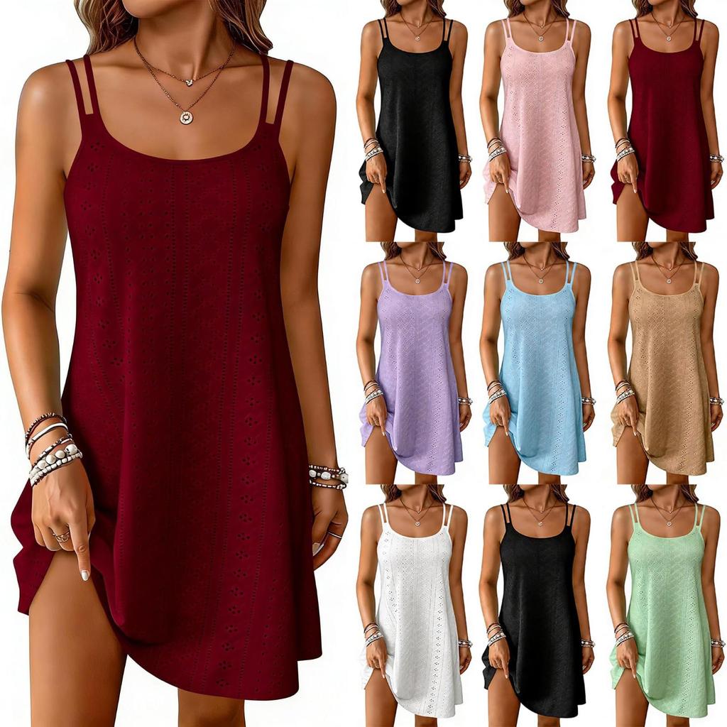 Women's Color Round Neck Spaghetti Strap Casual Beach Dress for Summer