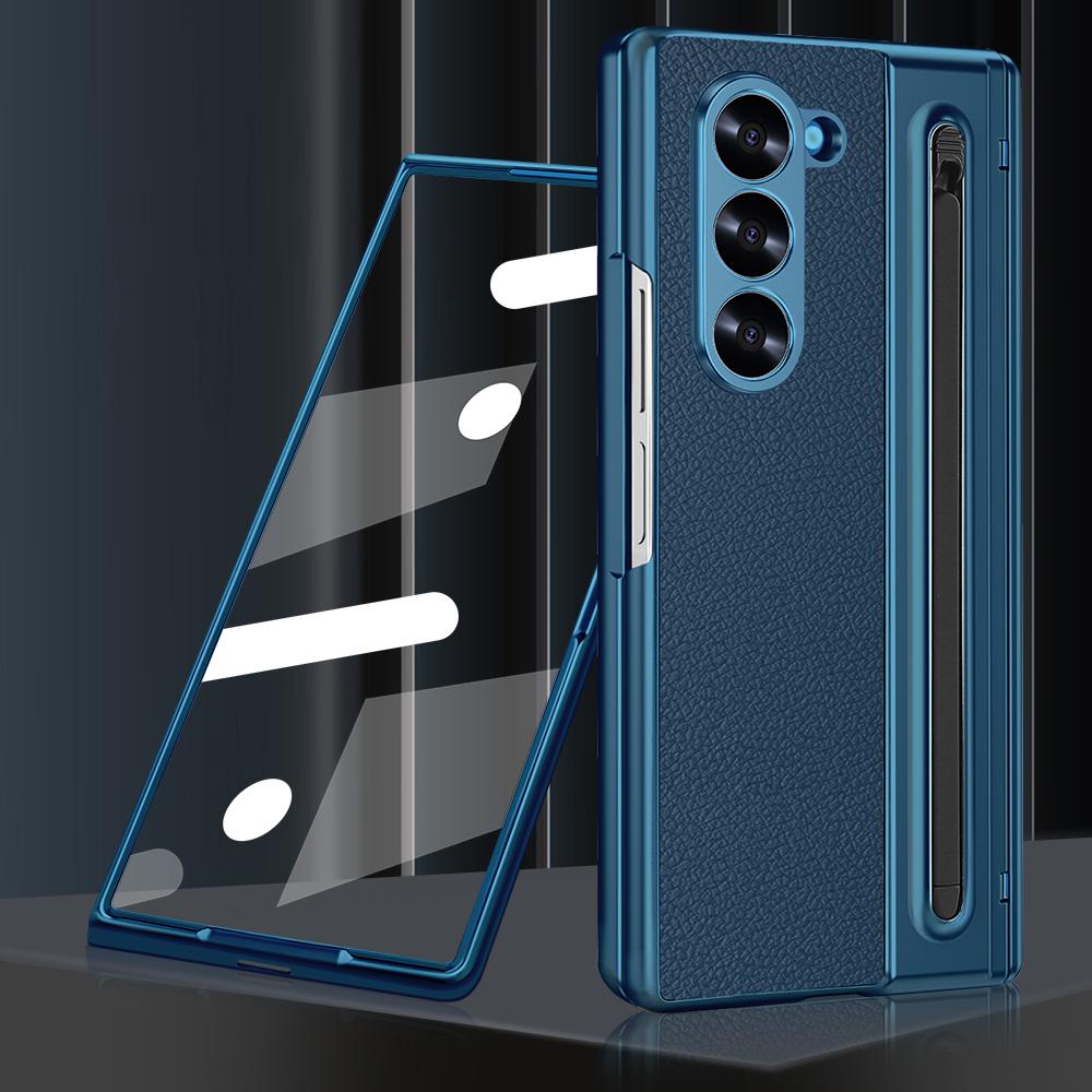Electroplated Hinge Phone Case For Samsung Galaxy Z Fold 6 5 4 5G Fold6 Screen Glass Stylus All Inclusive Pen Slot Holder Cover