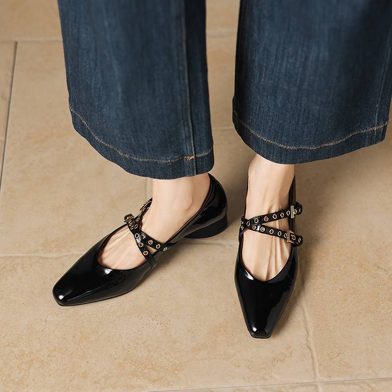 Krazing Pot Genuine Leather Square Toe Low Heels Summer Shoes Big Size 42 Buckle Straps Women Shallow Pumps