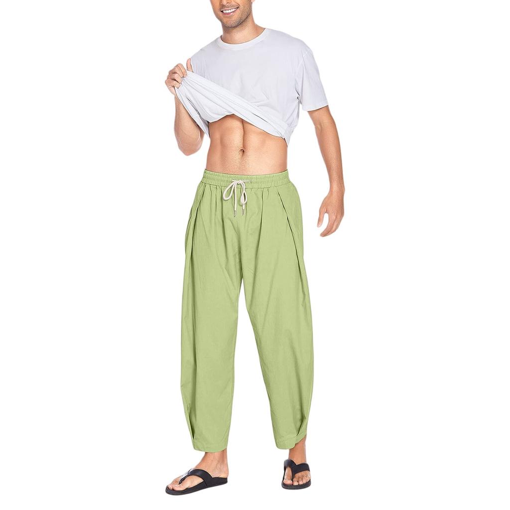 Herren Harlem Hose mit Baumwolle und Hanf Kordelzug Lässig Locker Crop Gürtel Tasche