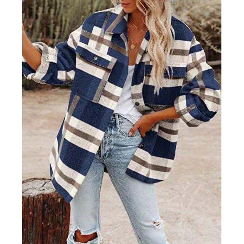 Autumn and Winter Long-sleeved Loose Plaid Shirt Tweed Jacket Female