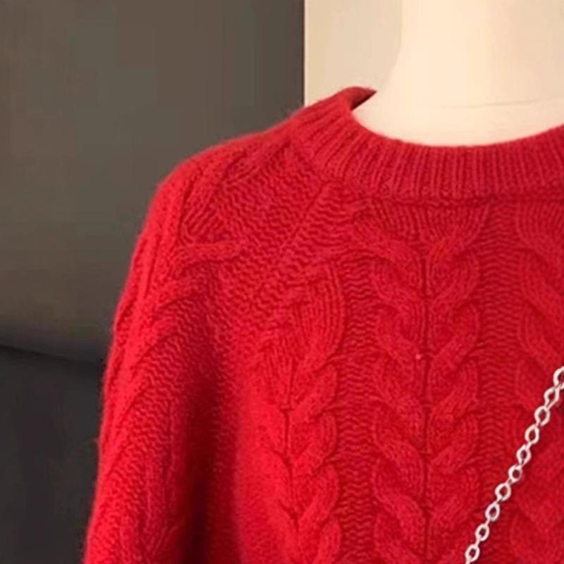 Weihnachtsleben Neujahr Rot Hochwertiger Zopfstrickpullover Damen Herbst und Winter Locker Weich Wachsig Faul Gestrickter Pullover Top