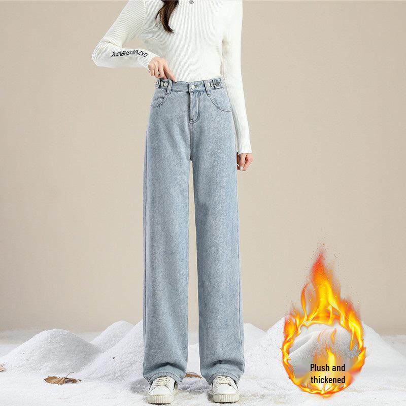 High-Waisted Black-Grey Fleece-Lined Wide-Leg Denim Pants for Women, Autumn/Winter 2025, Perfect for Junior High and High School Students