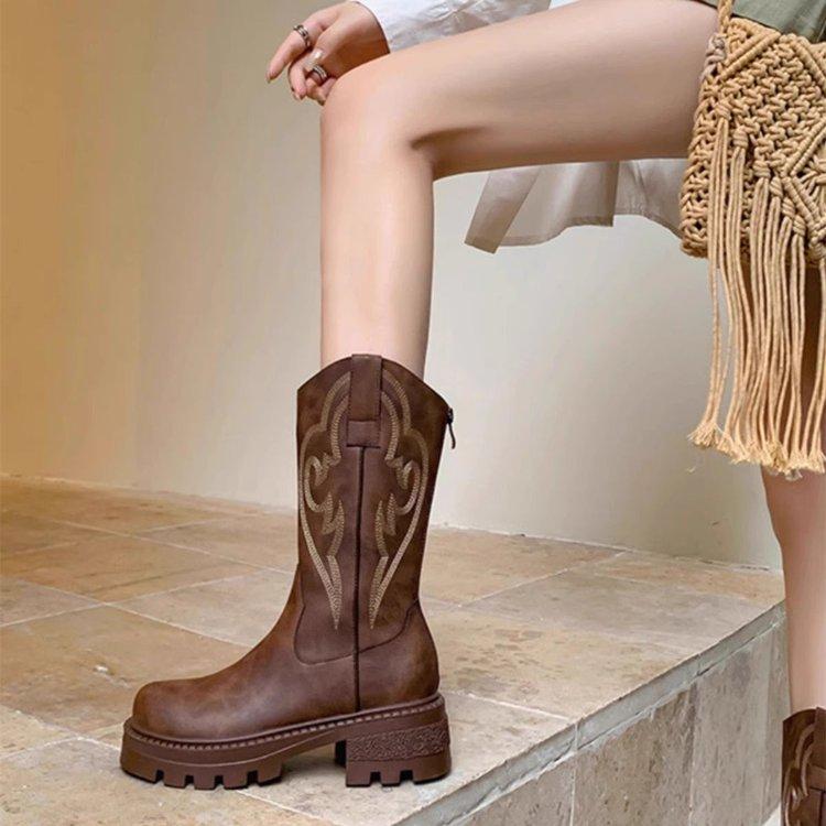 New Women s Retro Western Mid-Calf Boots - Soft Leather Chunky Lace-Up Cowboy Booties Fashion FallWinter Ankle Boots 40 4854₽