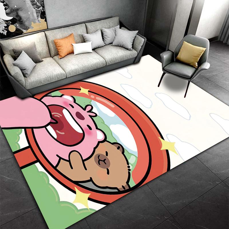 "Cartoon Pink Hippo and Brown Bear Pattern Kids Room Carpet Decor" Suitable for Use As an Anti-slip for Living Room Bedroom Sofas