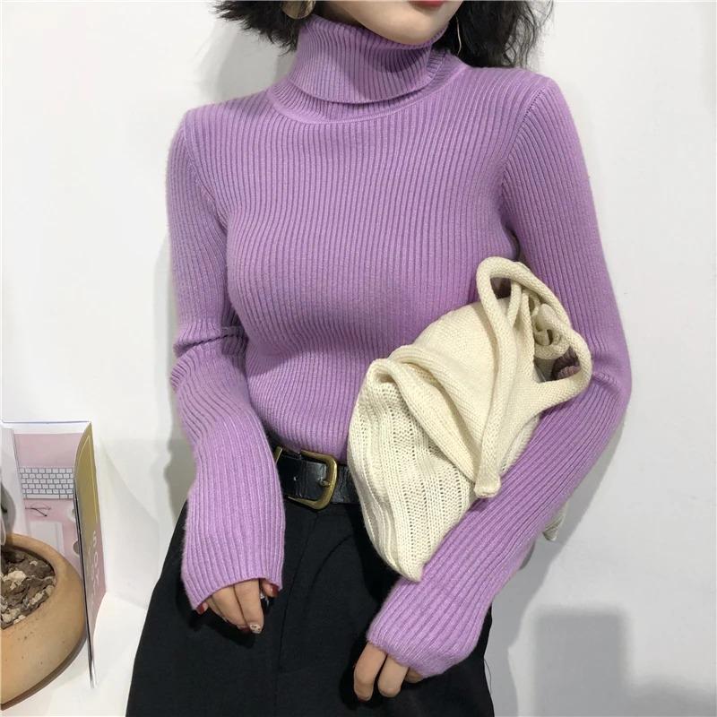 Autumn Winter Thick Sweater Women Knitted Ribbed Pullover Sweater Long Sleeve Turtleneck Slim Jumper Soft Warm Pull Femme