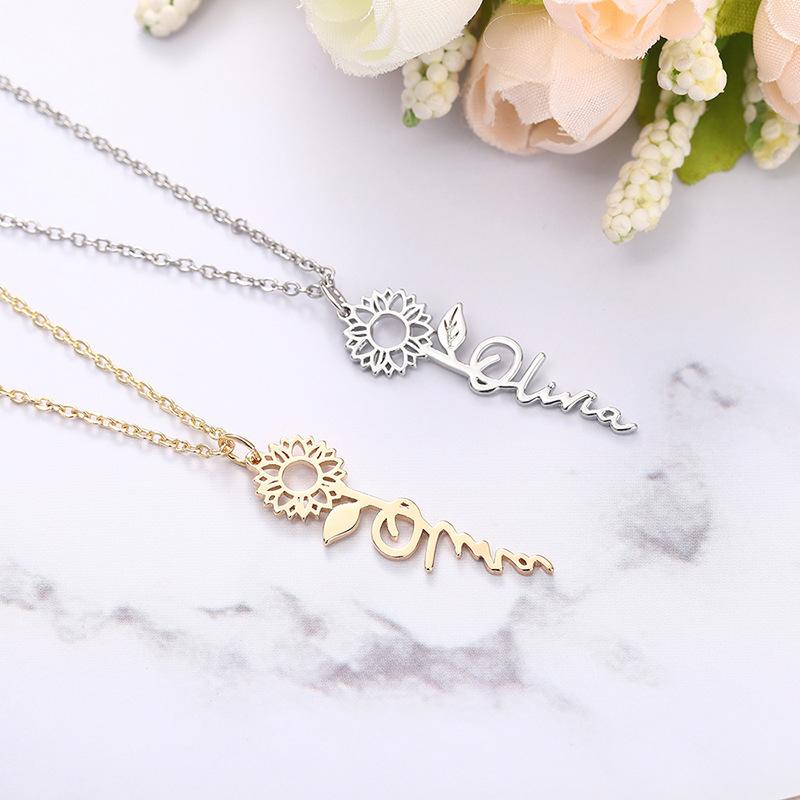 Personalized Sunflower Name Pendant Necklace for Women, Custom Gold Tone Minimalist Jewelry