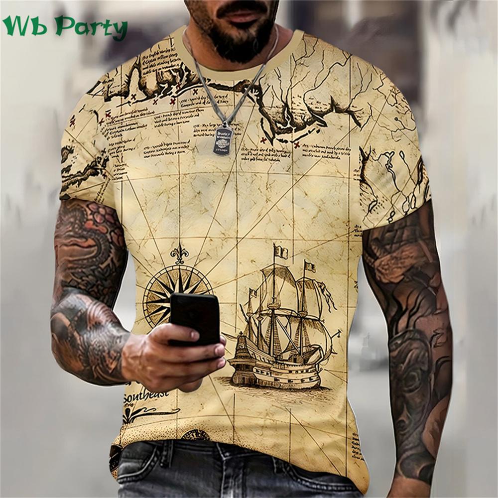Pirate Ship Pattern Print Mens Clothing T shirt for Men Short Sleeve Tee Gym Clothing Men Male T-shirt Pirate Ship Print Clothes