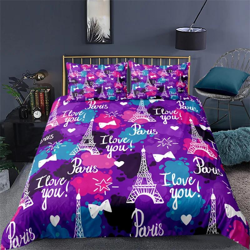 Set Biancheria da Letto Torre Eiffel Matrimoniale per Bambini Ragazze Donne Stampa Floreale Europea 3D Copripiumino Vintage Tematica Coppie Copripiumino