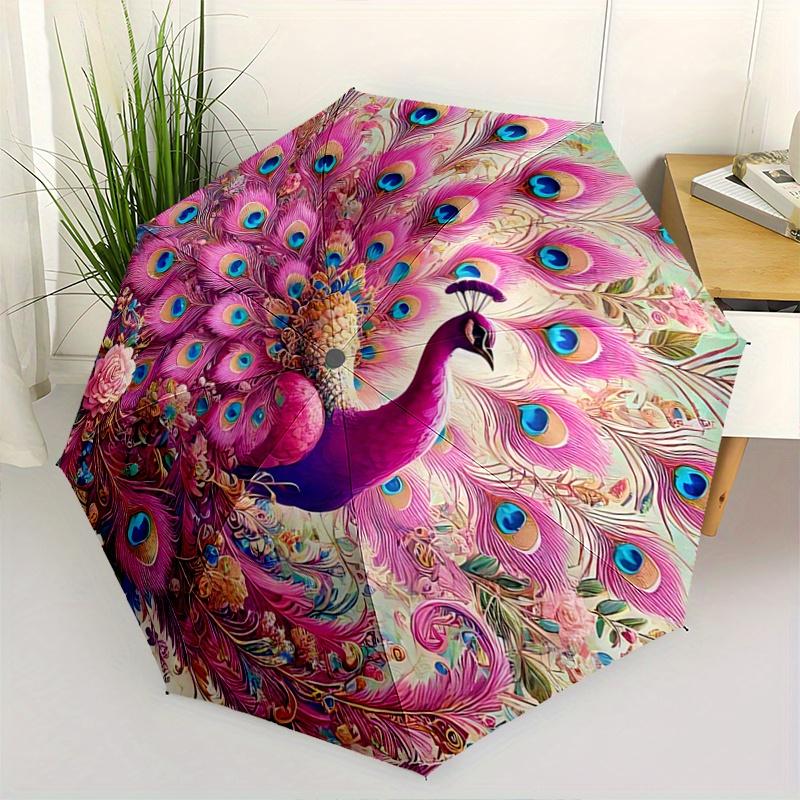 1pc Pink Peacock with Open Tail Fully Automatic Folding Portable Umbrella, 8 Iron Frames, Three-Fold Design, Suitable for All Seasons, Suitable F