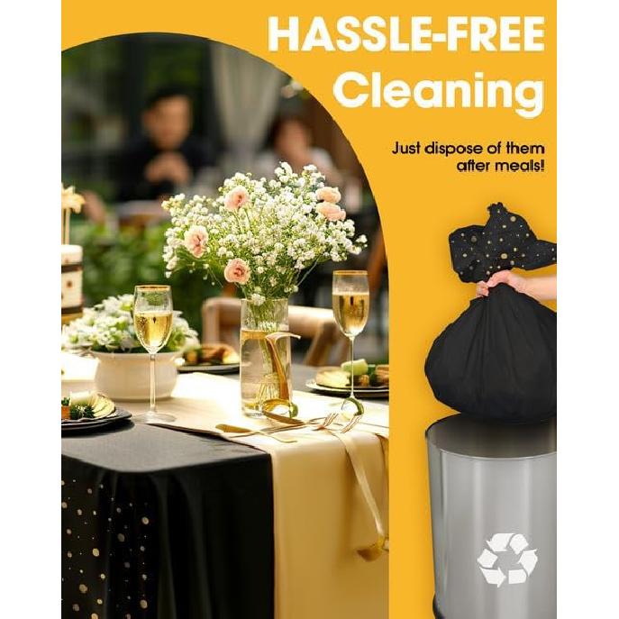 New Year Table Cloth for Rectangle Table and Table Runner Set - 3+3 Pack, Plastic Table Cloth Disposable, Black and Gold Tablecloth for Graduation