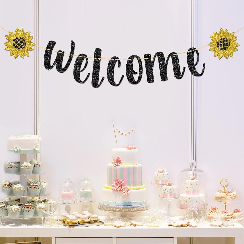 Welcome Banner, Black Glitter Hanging Sign Party Decorations, Induction Party | Home | School New Terms Beg Sign Bunting 6.3 Feet