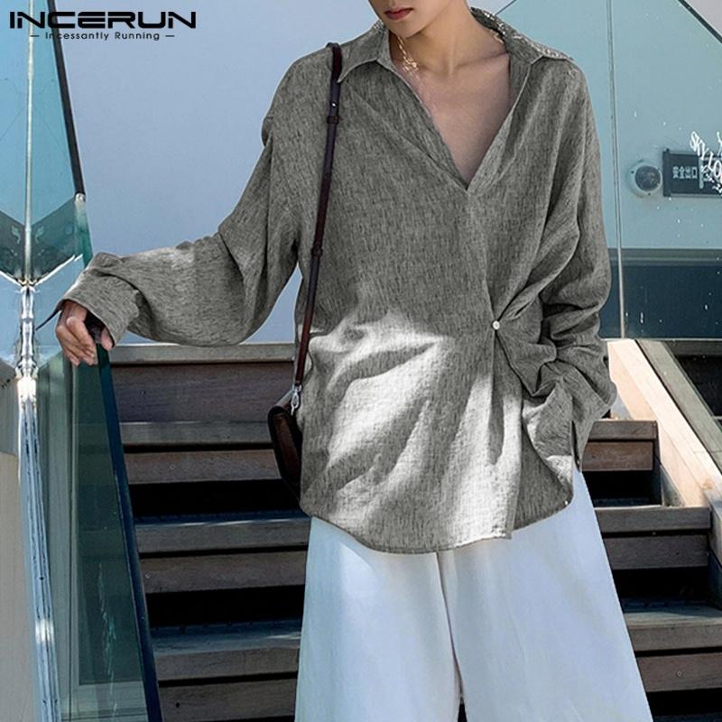 INCERUN Oversized Men Lapel Neck Long Sleeve Side Button Irregular Casual Shirts