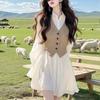 2026 Spring/Autumn French Style Patchwork Shirt Dress - Waist-Cinched Slim Fit