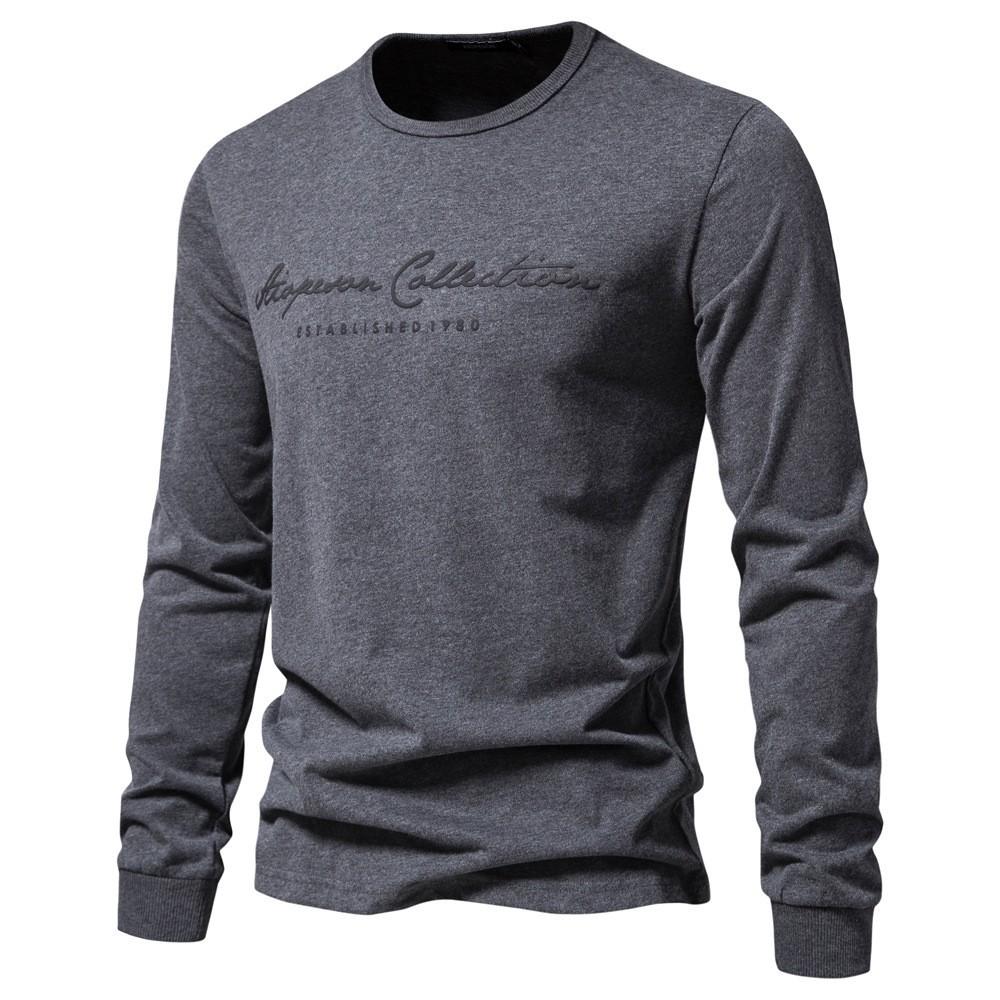 Camiseta de Manga Larga de Algodón para Hombre Color Sólido Estampado de Letras Simple Transpirable Camisetas para Hombre Tops de Color Sólido para Hombre