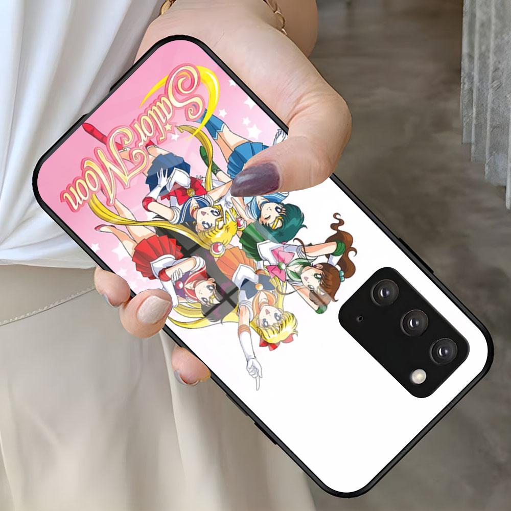 S-Sailor M-Moon Anime Phone Case For Samsung S25 S24 FE S23 S22 S21 Plus S20 Ultra Note20Ultra Black Glass Cover