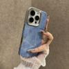 Vintage Denim Texture Phone Case, Electroplated Metal Frame Shockproof Hard Cover for iPhone, Minimalist Blue Jean Fabric Anti-scratch Phone Shell