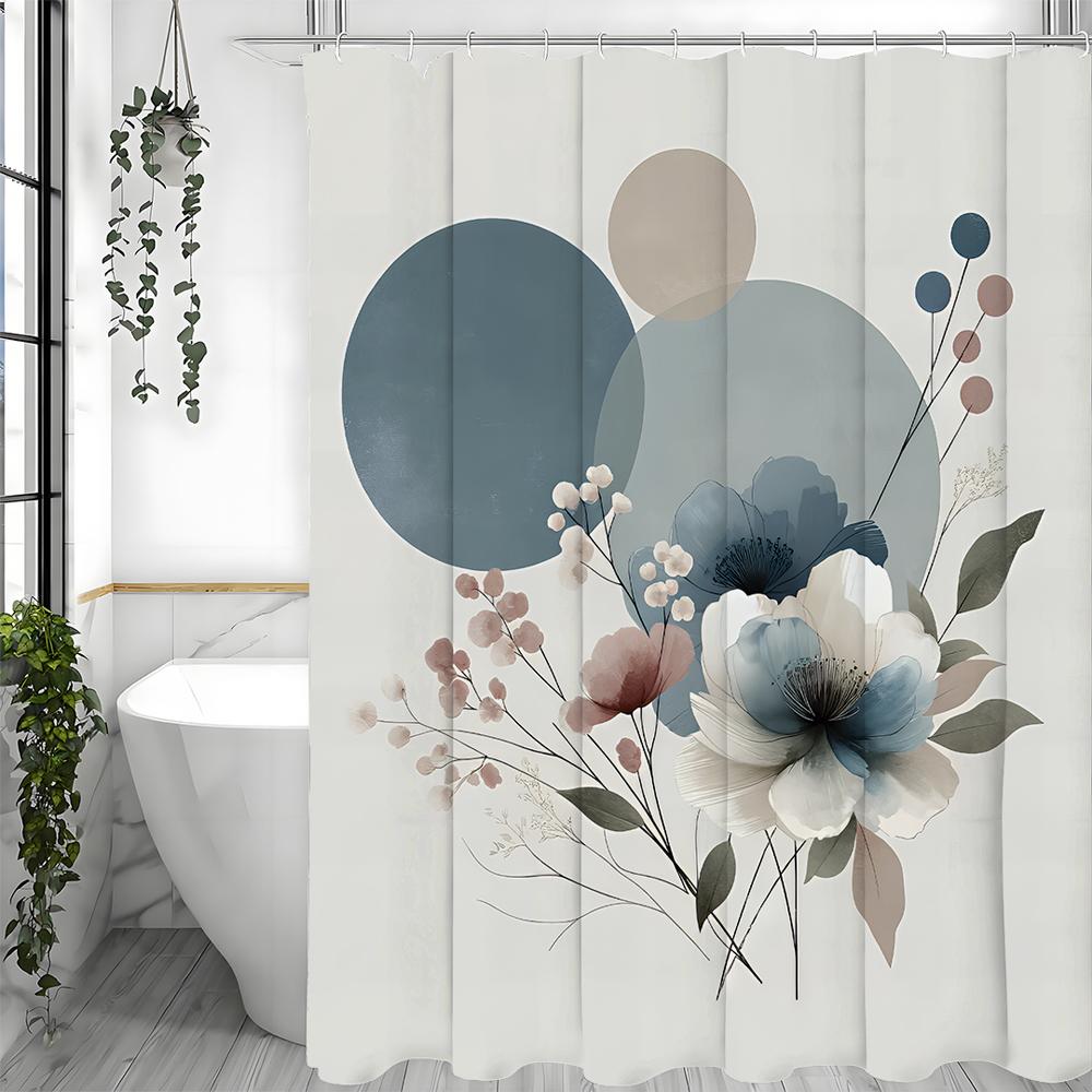 Watercolor Floral Round Shower Curtain, Bathroom Decorative Shower Curtain, Waterproof Shower Curtain with Hooks