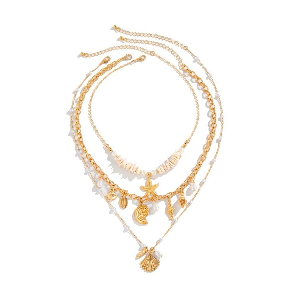 Necklace Set Starfish Conch Necklace Boho Multilayer Clavicle Chain Shell Pendant Choker  Summer