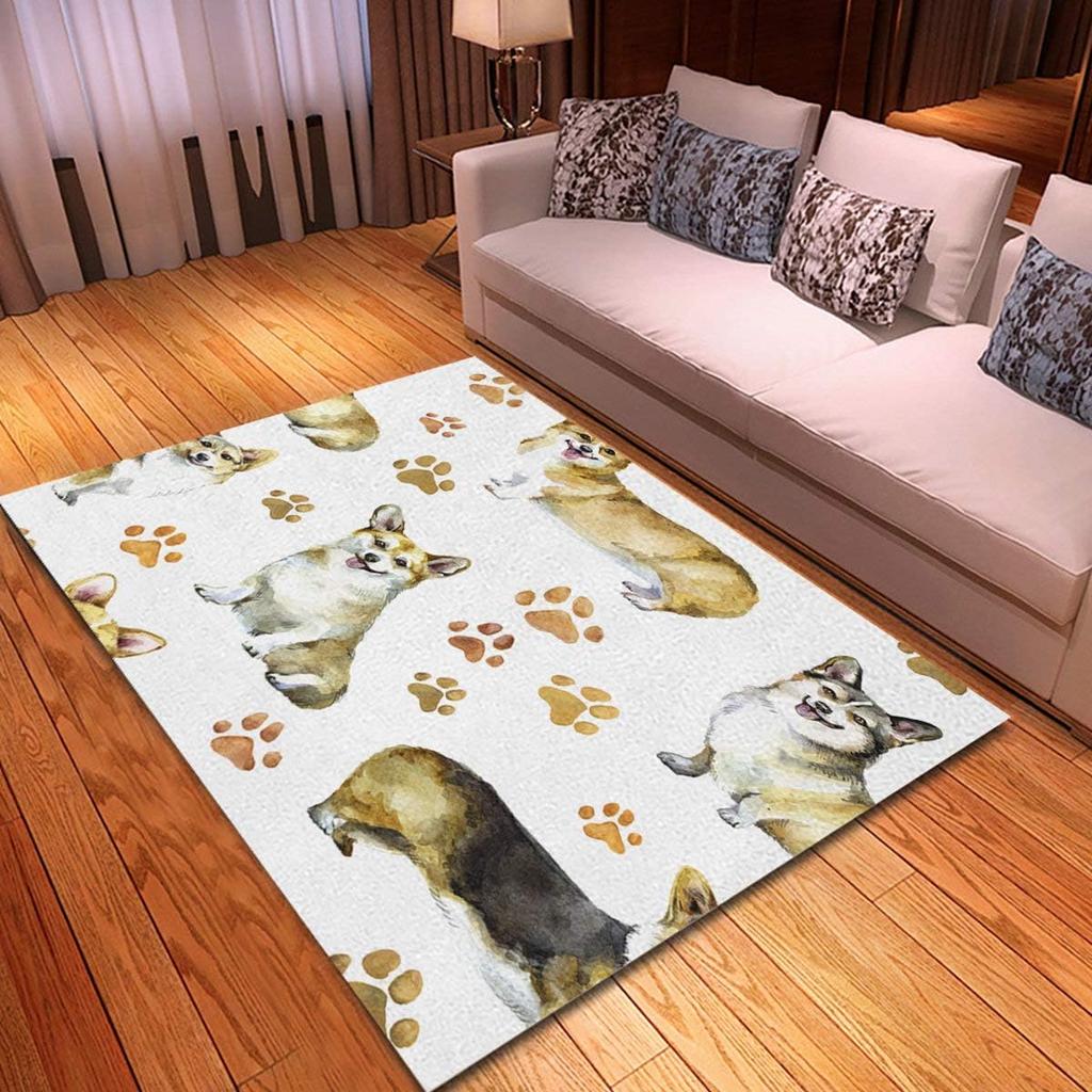 Cute Dog Print Area Rug Cartoon Corgi Pet Bones Living Room Rugs Playmat Lovely Puppy Animals Decorative Rug Indoor Floor Mat