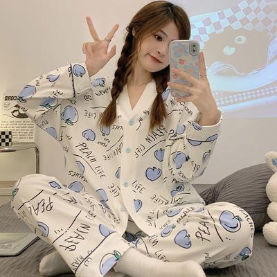 Koreanische Damen Pyjama Sets Frühling Herbst blau Apfelmuster Pijamas Weiblich Pyjamas Kawaii Hausanzug Lange Ärmel Nachtwäsche