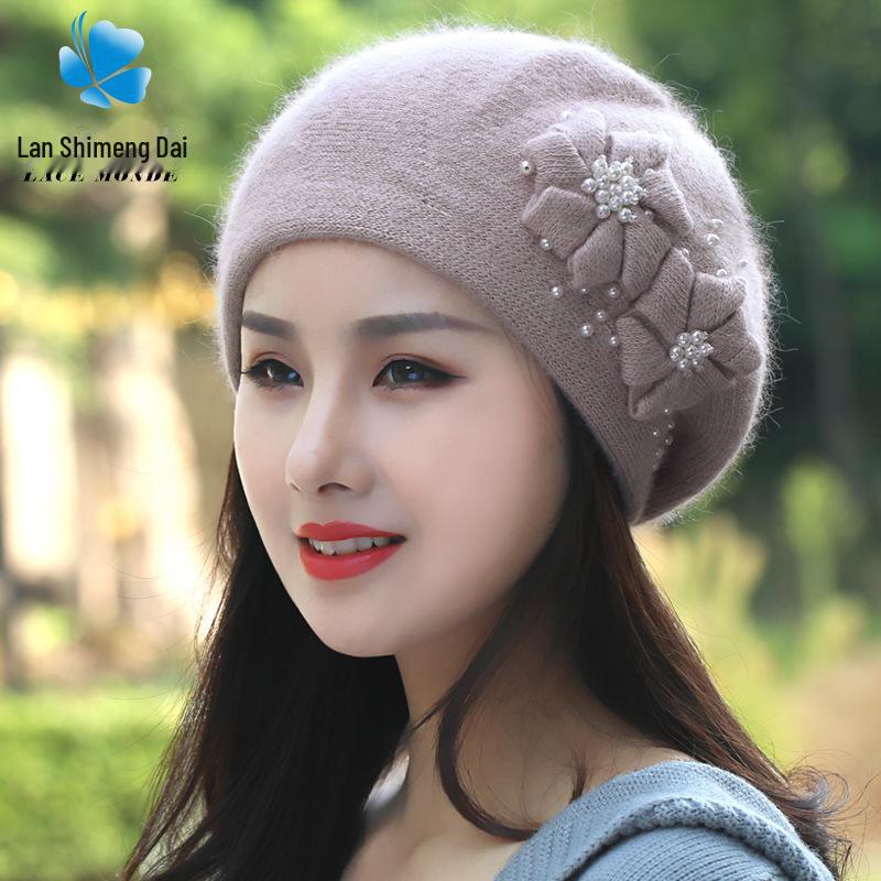 

«Женский вязаный берет в корейском стиле»: Универсальный бархат и кроличья шерсть с жемчугом для тепла осенью/зимой. Adult Universal Size (56-60cm)