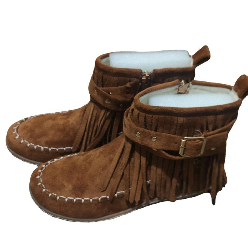 Plus-size Flat Belt Buckle Fringed Ankle Boots, New Riveted Retro Knight Boots, Women's Shoes