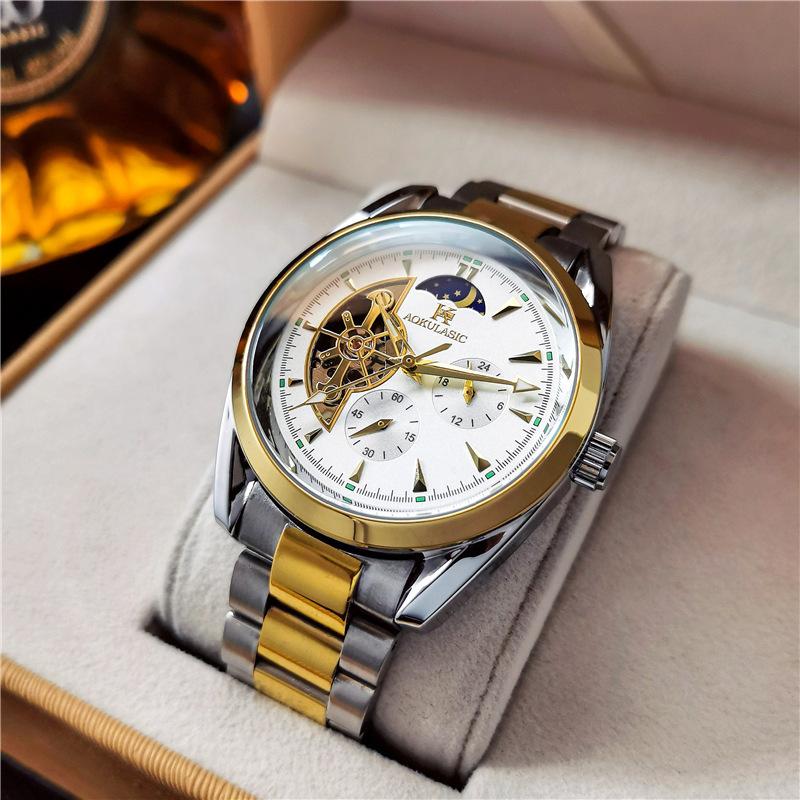 Novo Relógio Masculino Luminoso à Prova d'Água Sol, Lua e Estrelas Multifuncional Totalmente Automático Mecânico para Estudantes Homens